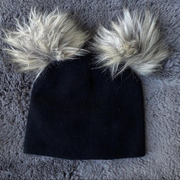 LA Hearts Black Beanie with Faux Fur Pom Poms - Picture 1 of 2
